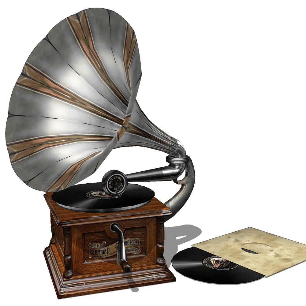 Antique gramophone with copper horn, walnut base, and rotating turntable, paired with vintage records, rendered in high detail for SketchUp interior design projects
