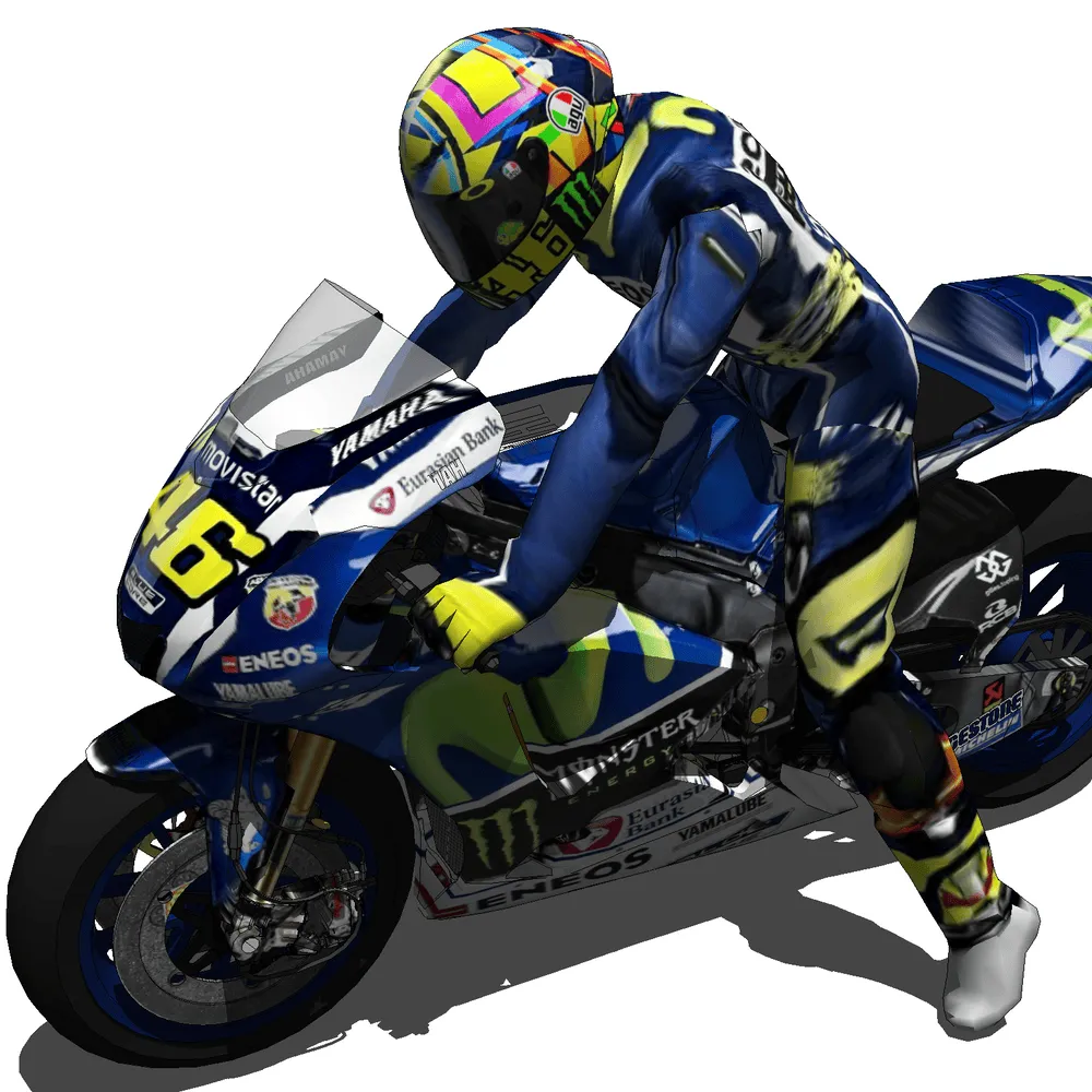 Highly detailed 3D render of a Yamaha motorcycle rider in dynamic racing posture, showcasing authentic sponsor logos, aerodynamic body suit, and realistic vehicle mechanics, optimized for SketchUp projects