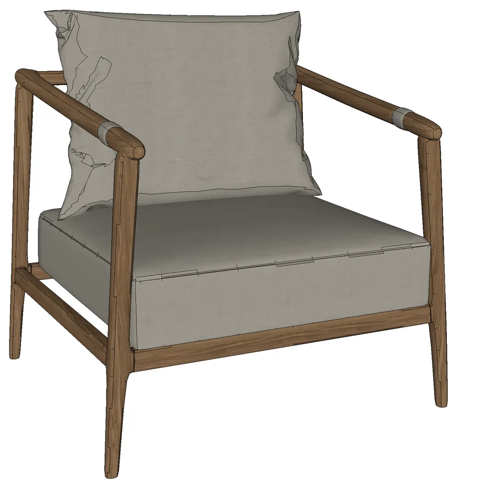 Realistic 3D render of a modern armchair with a polished wooden frame, soft gray cushions, and a draped throw pillow, ideal for SketchUp interior design projects