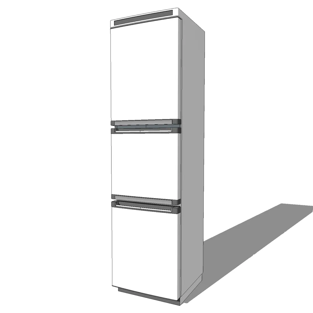 Modern white refrigerator 3D render with three drawers and sleek handles, optimized for SketchUp kitchen interior visualization projects