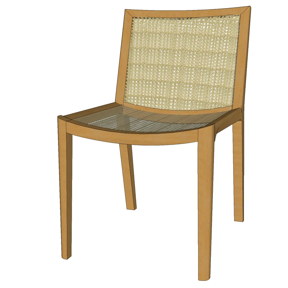 Modern wooden chair with intricate woven rattan backrest and tempered glass seat, optimized for SketchUp interior design projects
