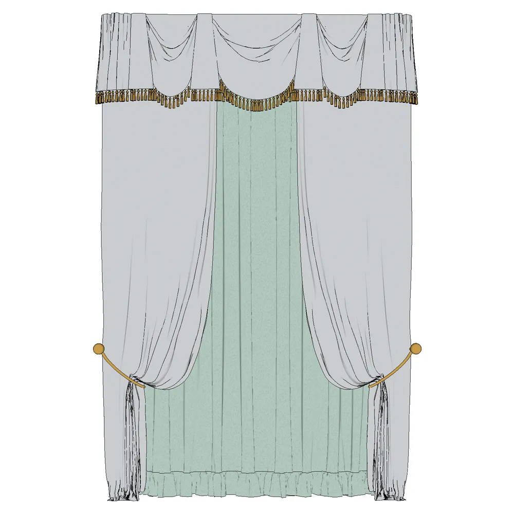 Elegant 3D render of a luxury curtain with cascading gold tassels, vertical teal pleats, and draped gray fabric, ideal for SketchUp interior design projects