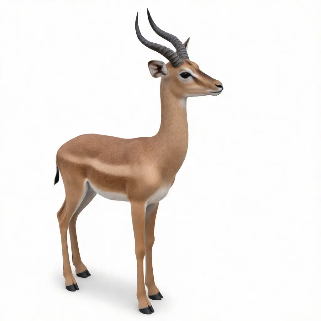 Modèle 3D photoréaliste de gazelle aux cornes torsadées et à la fourrure texturée, positionné dans une posture naturelle pour une utilisation en visualisation architecturale