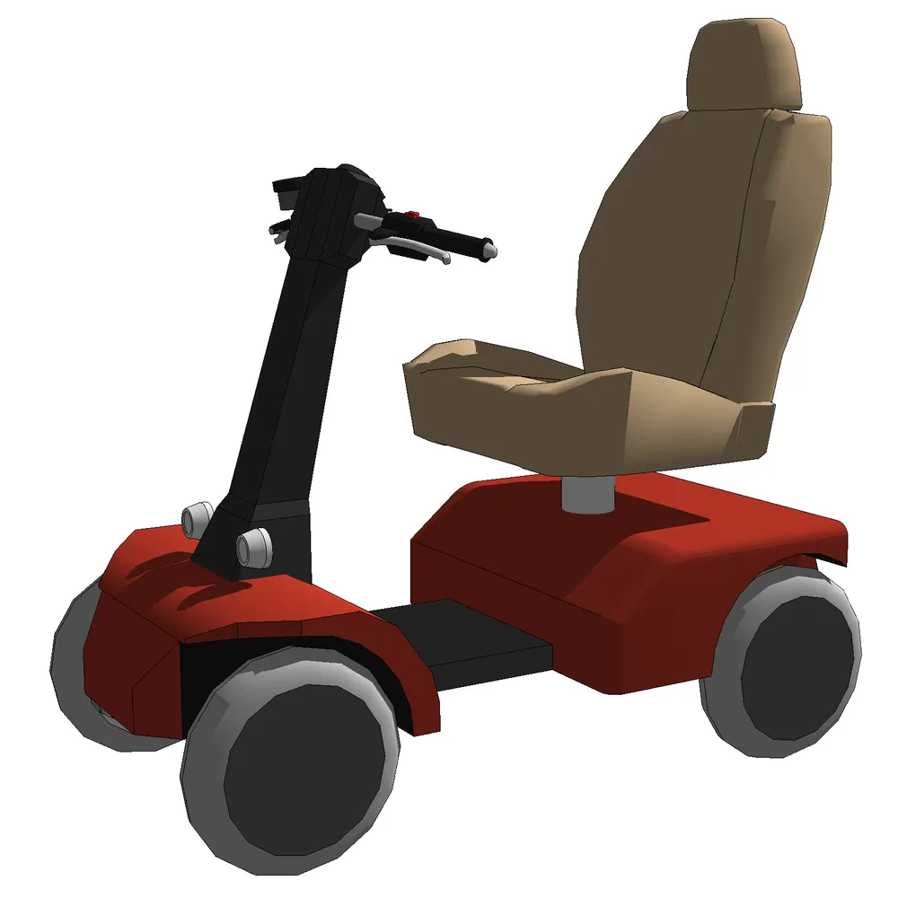 Realistic 3D render of an electric wheelchair with oversized wheels, ergonomic seating, and intuitive control panel, optimized for SketchUp accessibility simulations