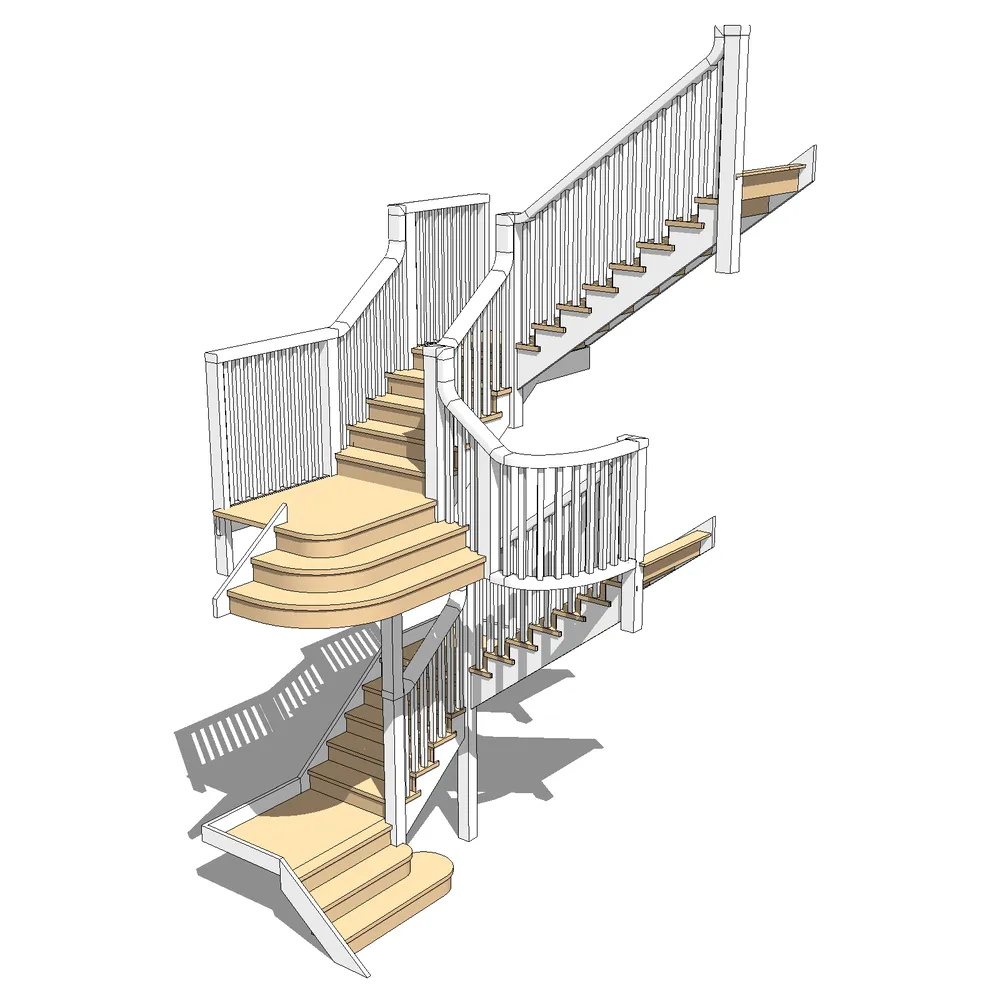 Modern double-run staircase with white balusters and wooden treads, showcasing clean lines and modular design for architectural visualization