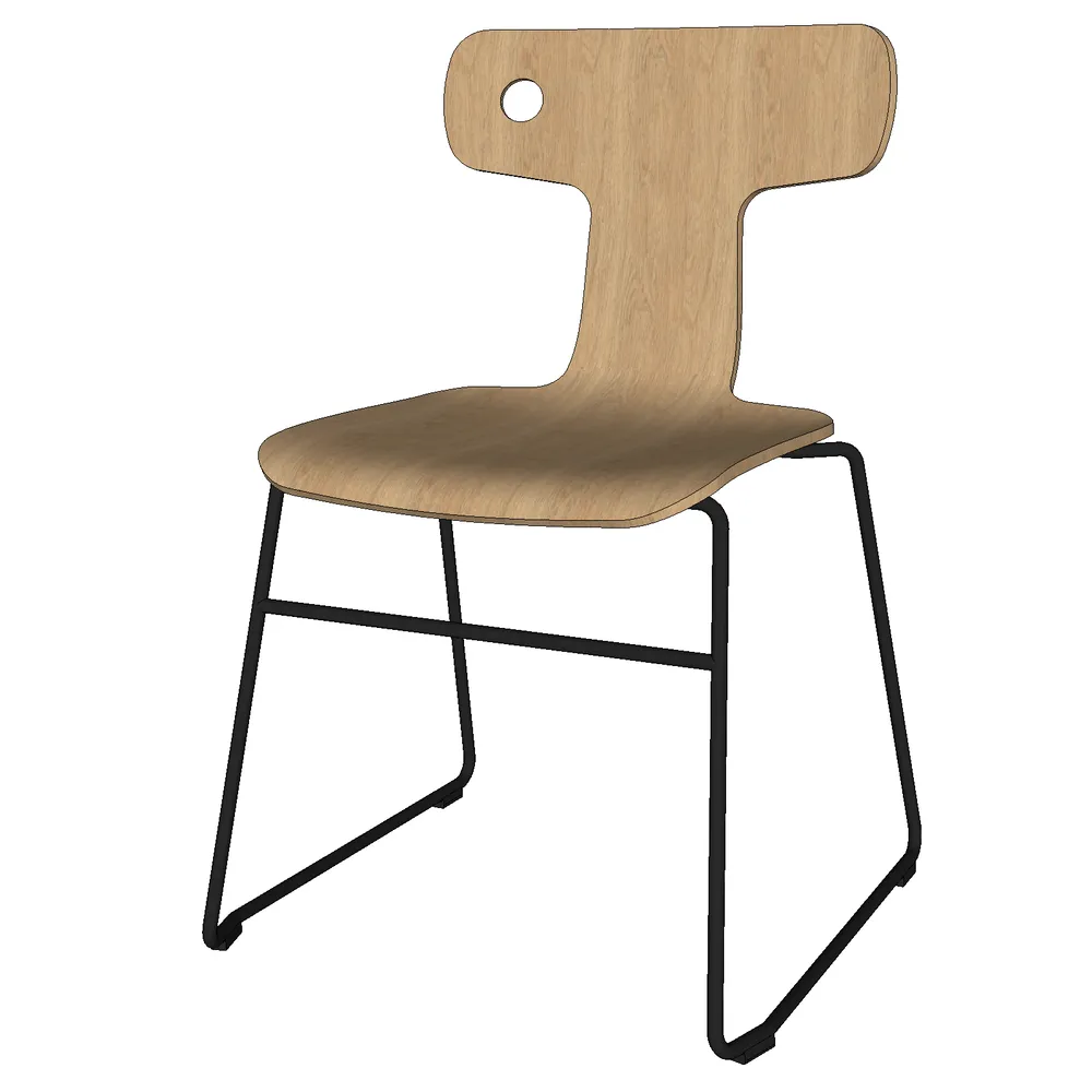 A32256Modern Wooden Chair with Metal Legsg19ah7ra 3D render of modern wooden chair with circular backrest detail and black metal legs, showcasing wood grain texture and structural geometry