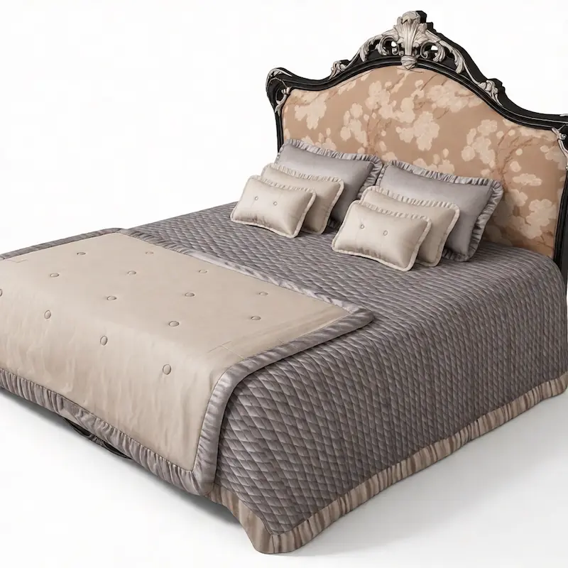 Luxurious European-style double bed with ornate carved headboard, layered bedding textures, and symmetrical pillow setup, optimized for SketchUp interior design projects