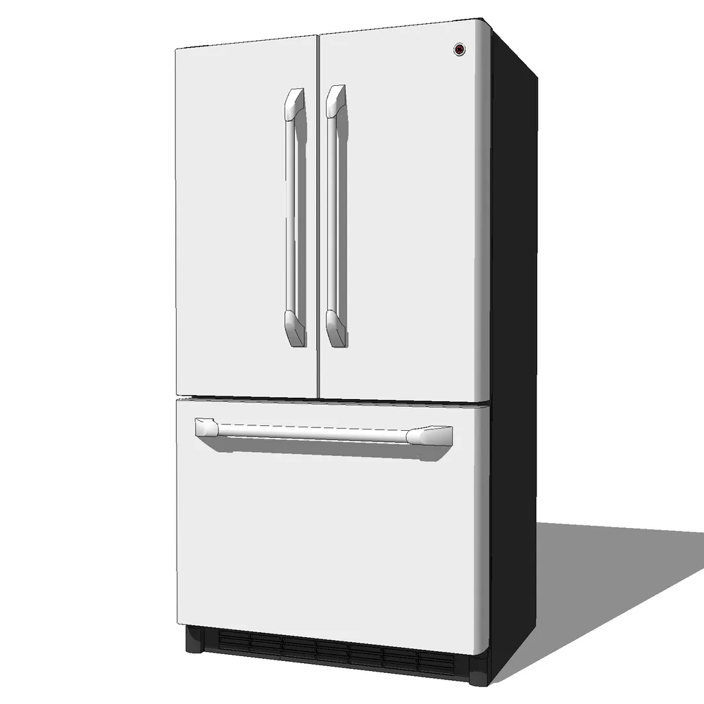 Modern double door refrigerator 3D render with sleek white finish, stainless steel handles, and integrated freezer drawer, optimized for SketchUp kitchen modeling projects