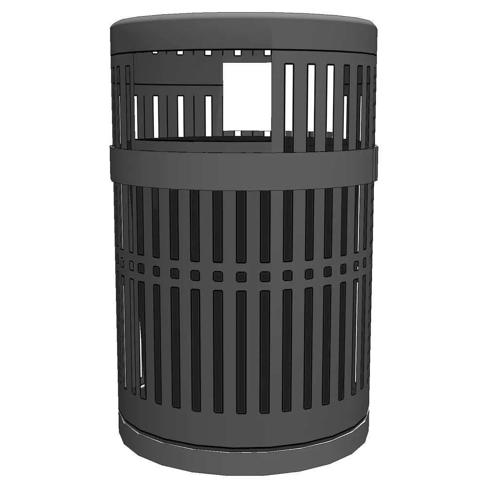 Realistic 3D render of a public trash can with vertical slats and square opening, featuring a dark gray finish optimized for SketchUp architectural visualization