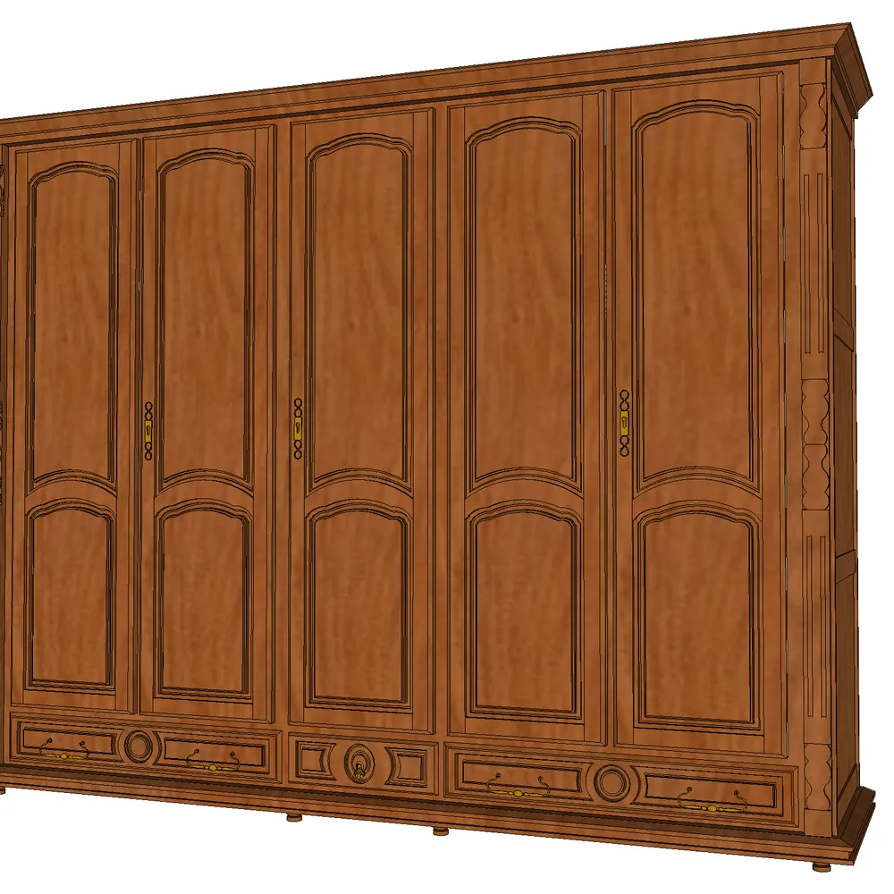 Antique-inspired wardrobe with five arched doors, golden handles, and ornate carvings, optimized for SketchUp interior design projects