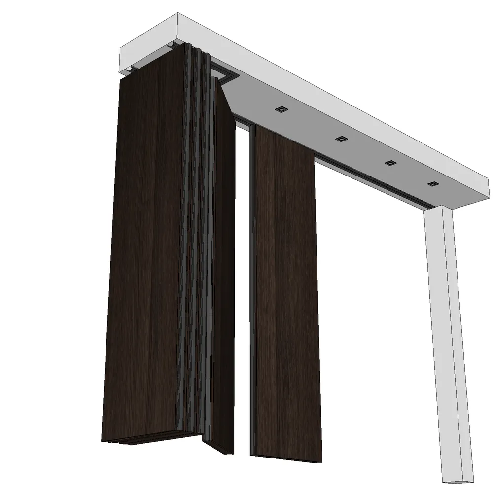 Modern sliding door 3D render with deep walnut wood panels, sleek metal accents, and integrated LED lighting, ideal for architectural visualization projects