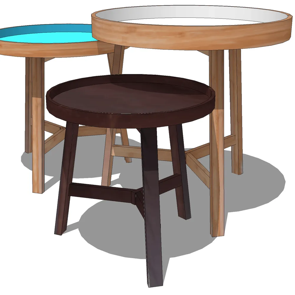 Modern round furniture set featuring a blue glass-top table, natural wood dining table, and dark leather stool with minimalist wooden legs, optimized for SketchUp interior design projects