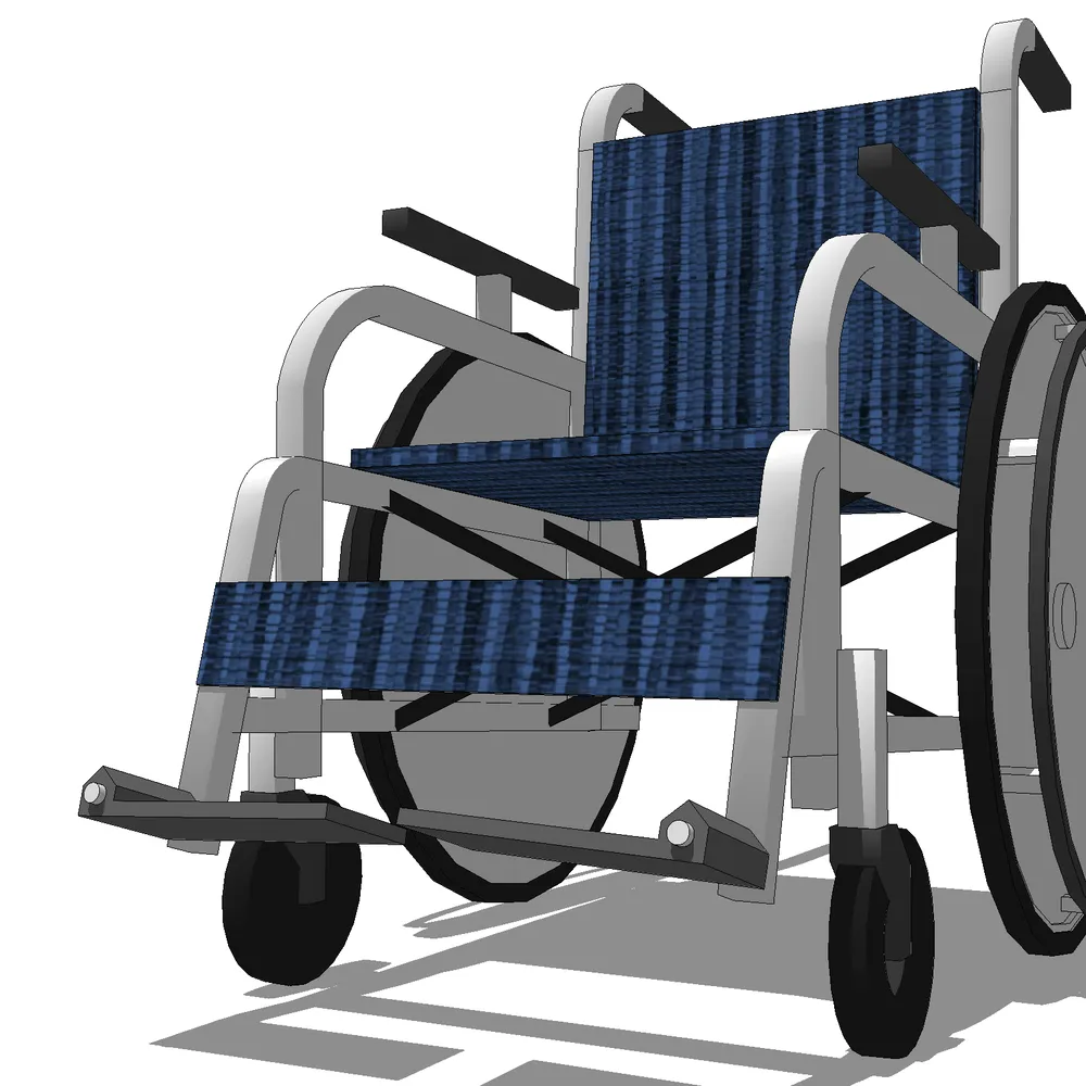 Modern lightweight wheelchair 3D render with aluminum frame, blue mesh seating, and black wheels, optimized for SketchUp architectural visualization projects