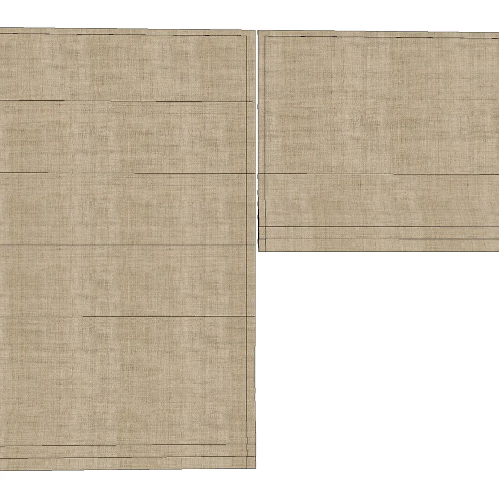 Realistic 3D render of modern linen curtains showing detailed fabric weave patterns and horizontal stitching lines in neutral beige tones