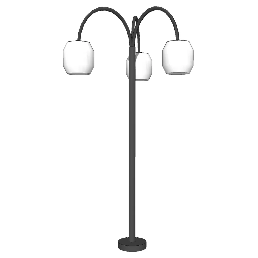 Modern three-headed street lamp with sleek black pole and curved arms, featuring white hexagonal lampshades for versatile outdoor illumination in architectural scenes