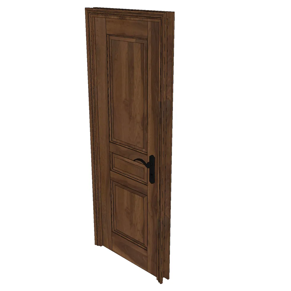 Realistic 3D rendering of a classical wooden door with three panels, rich walnut texture, and black iron hardware, ideal for SketchUp interior design projects