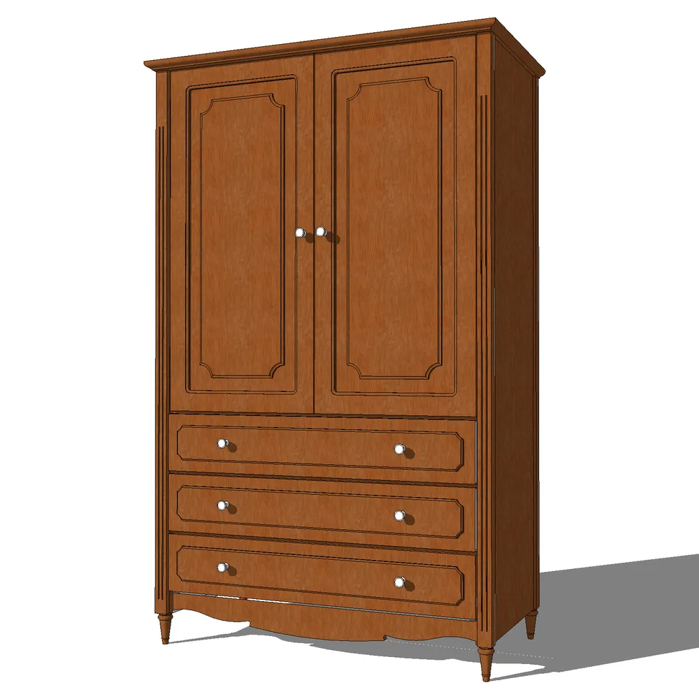 Realistic 3D rendering of a classical walnut wardrobe with carved floral patterns, dual doors, and four drawers, showcasing intricate craftsmanship for SketchUp interior visualization