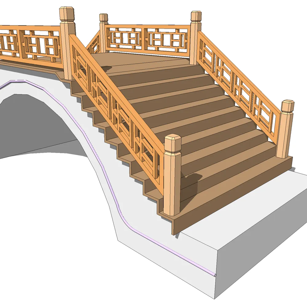 Detailed 3D render of a classical wooden staircase with intricate carvings on railings and steps, ideal for architectural visualization in SketchUp