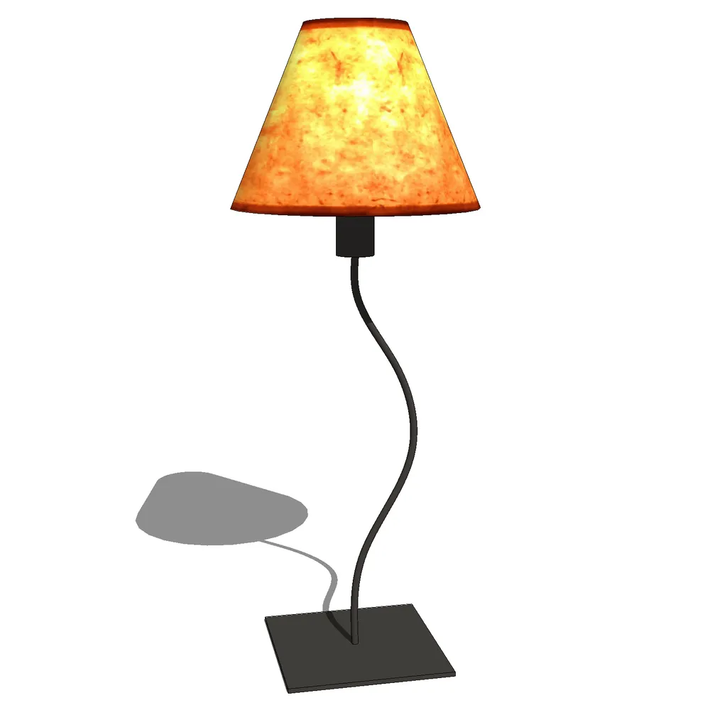 Modern table lamp with black metal base, curved neck, and warm orange textured shade emitting soft glow, optimized for SketchUp interior design projects