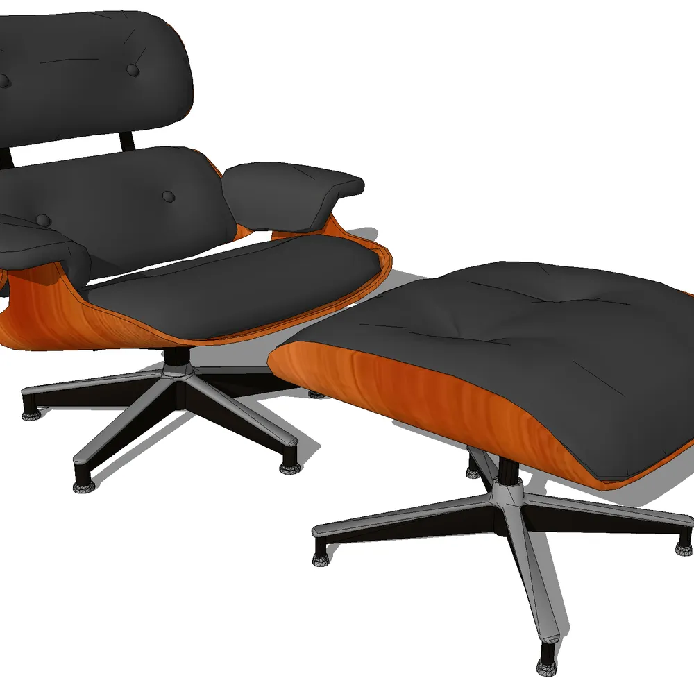 Realistic 3D render of Eames-style lounge chair with orange stitching details and metallic base, paired with matching ottoman for interior design visualization