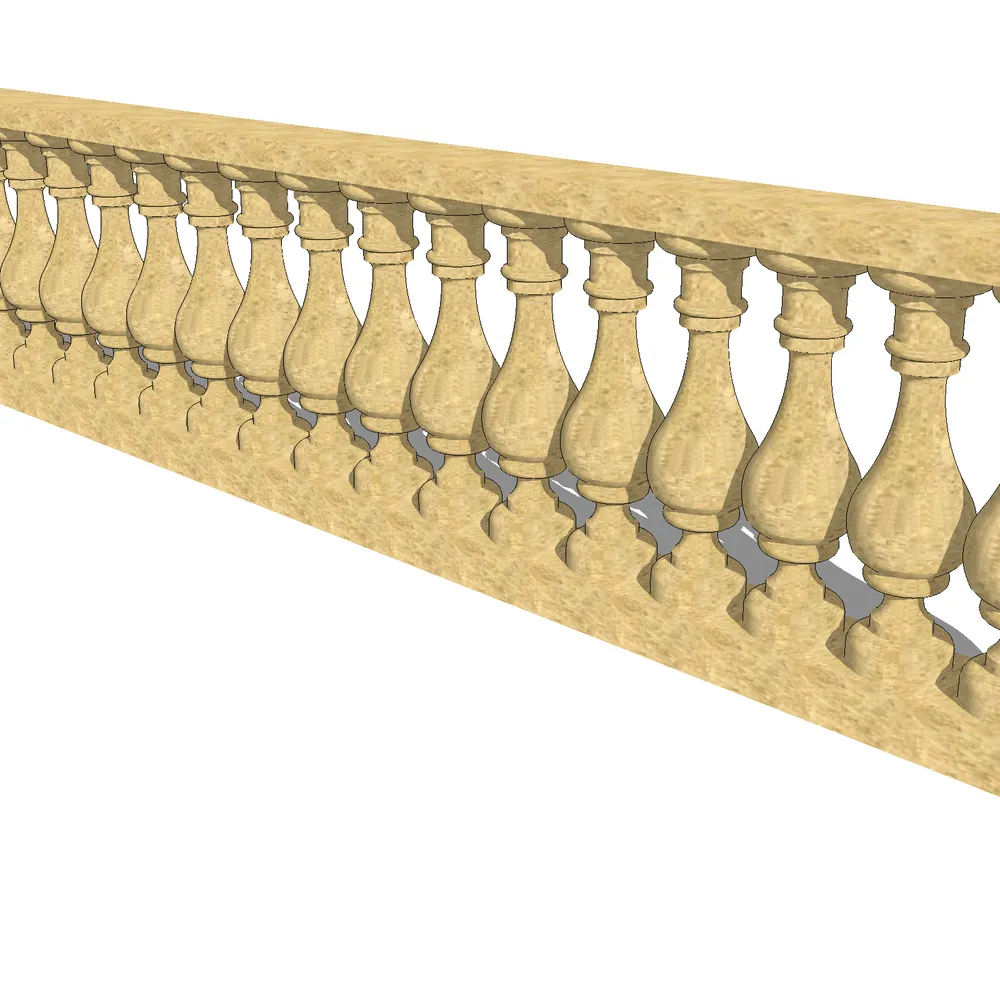 Realistic 3D render of a classical wooden balustrade with intricate carvings and smooth grain texture, ideal for SketchUp architectural projects