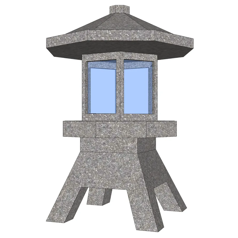 Realistic 3D rendering of a traditional oriental pavilion with an octagonal stone roof, glass-paneled windows, and intricate base structure, optimized for SketchUp architectural visualization