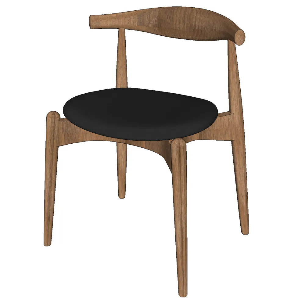 Sleek modern wooden armchair with black leather cushion, curved backrest, and tapered legs, optimized for SketchUp interior design projects