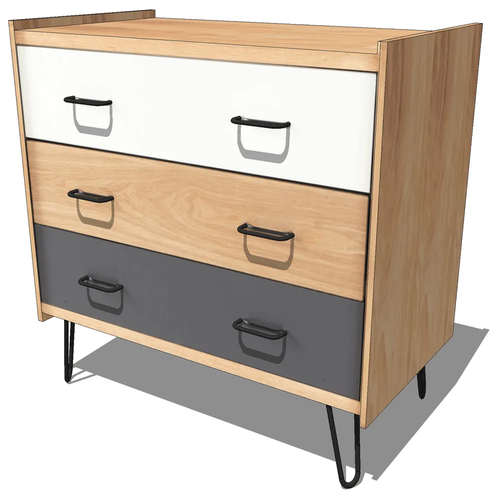 Modern dresser with hairpin legs featuring a light wood frame, gray accent panel, and black metal handles, optimized for SketchUp interior design projects