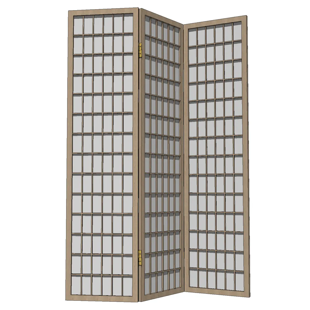 Realistic 3D rendering of a three-panel Japanese folding screen with intricate wooden lattice patterns and natural wood finish, ideal for SketchUp interior design projects