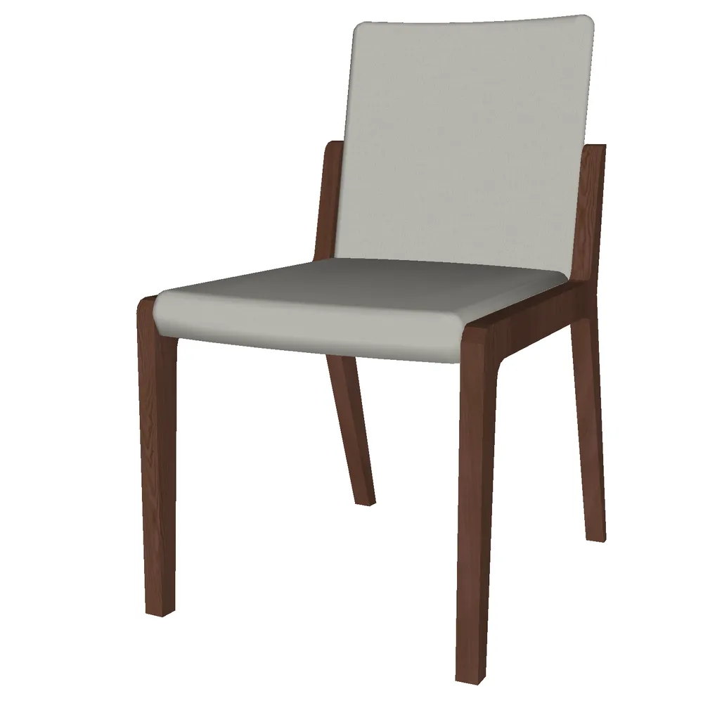 Ergonomic modern dining chair with walnut wood frame and gray fabric seat, ideal for SketchUp interior visualization projects