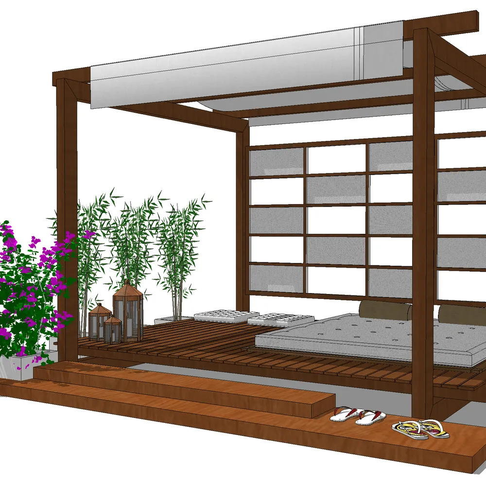 Modern outdoor lounge area with wooden pergola structure, bamboo planters, glass panel partitions, and modular seating arrangements designed for SketchUp visualization