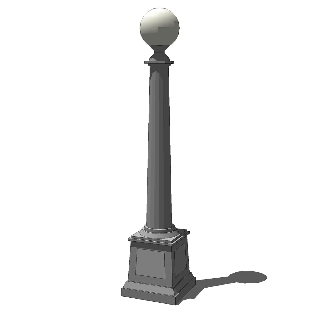 Detailed 3D render of classical lamp post with spherical finial, tapered cast iron column, and ornate pedestal base, ideal for architectural visualization