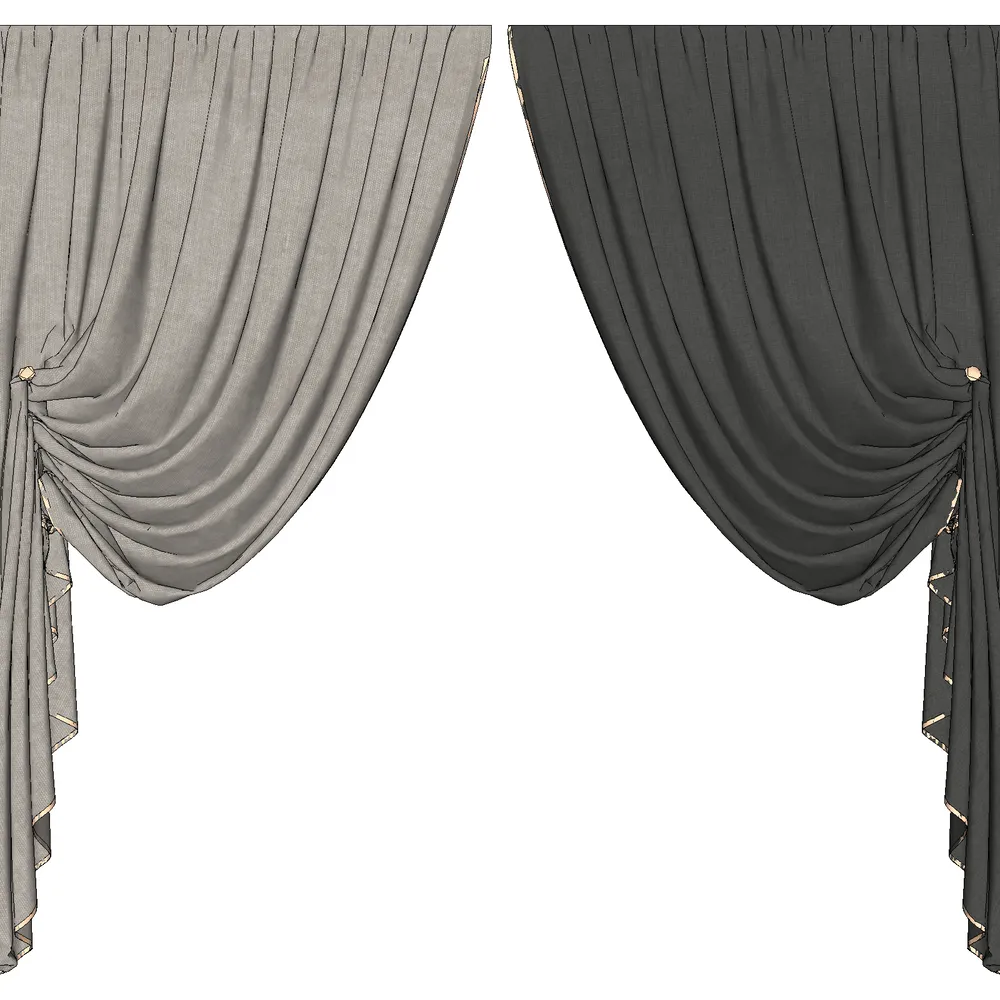 現代的なラグジュアリードレープのリアルな3Dレンダリング。煌めくゴールドの縁取りとドレープ生地の細部まで再現されており、SketchUpのインテリアデザインプロジェクトに最適です。