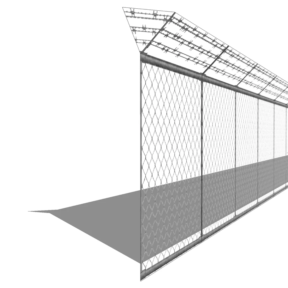 Realistic 3D rendering of a modular security fence with dual-layer barbed wire topping and reinforced steel panels, optimized for architectural visualization projects