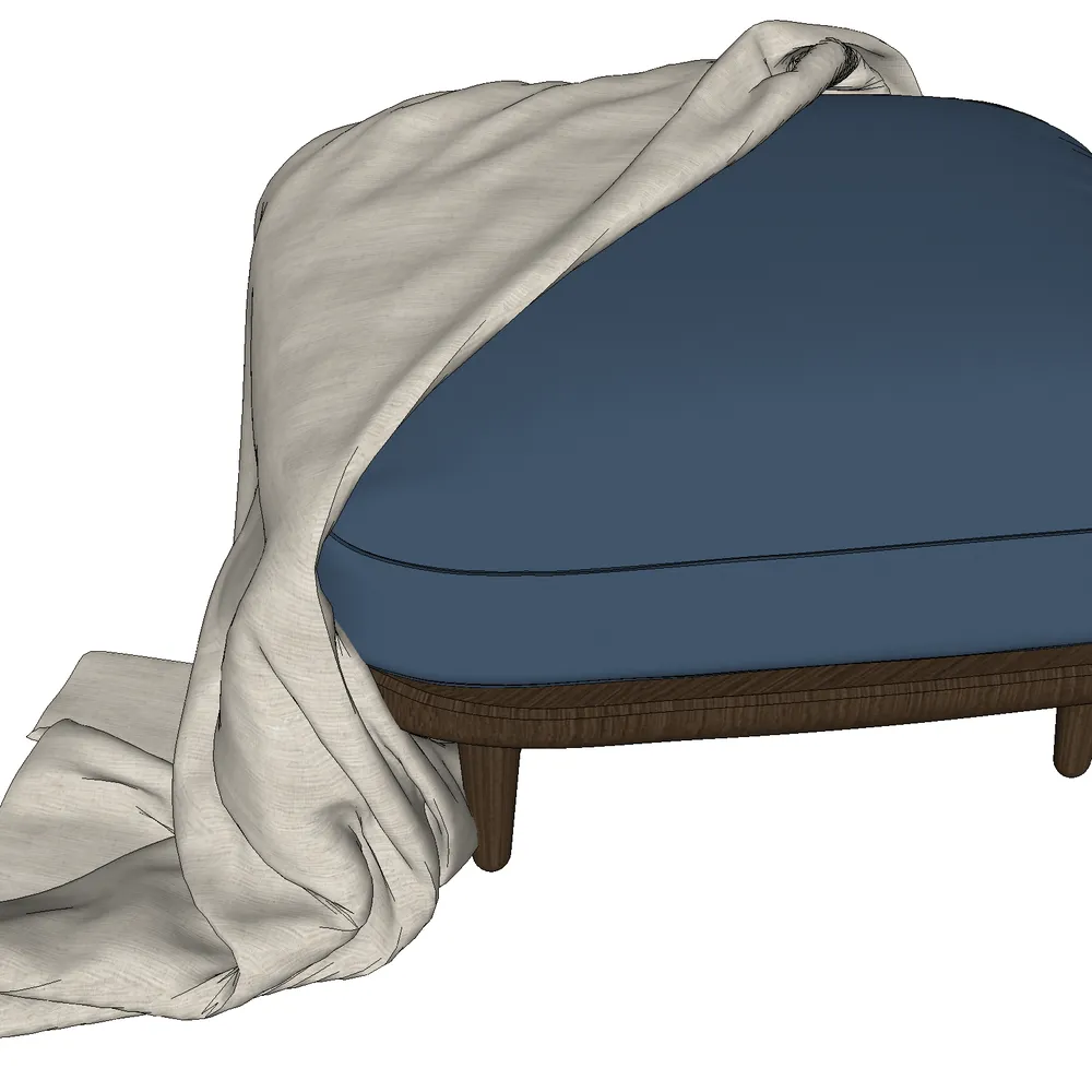 Realistic 3D render of a modern minimalist bed with deep blue mattress, soft gray draped linen, and walnut wood frame, ideal for SketchUp interior visualization projects