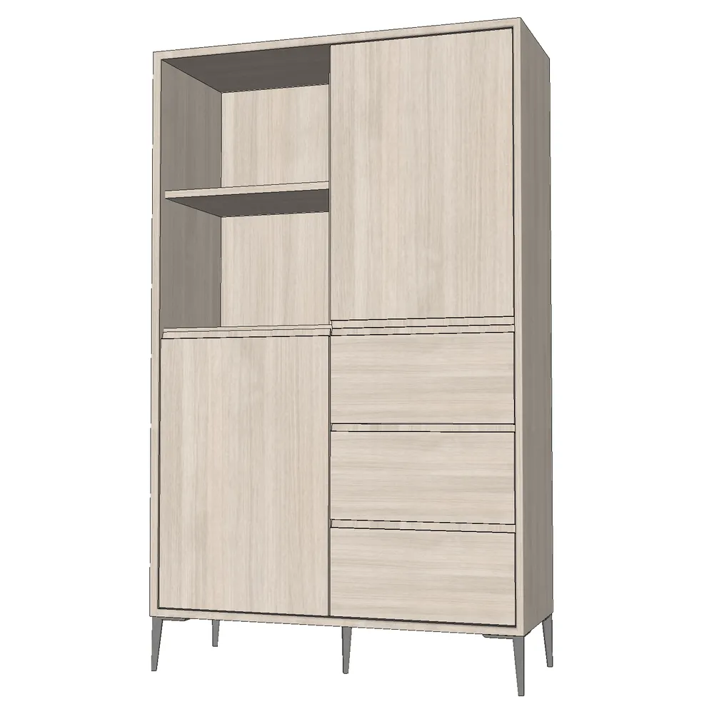 Realistic 3D render of a modern sliding door wardrobe with light oak finish, showcasing hidden compartments, adjustable shelves, and slim metal legs, ideal for SketchUp interior design projects