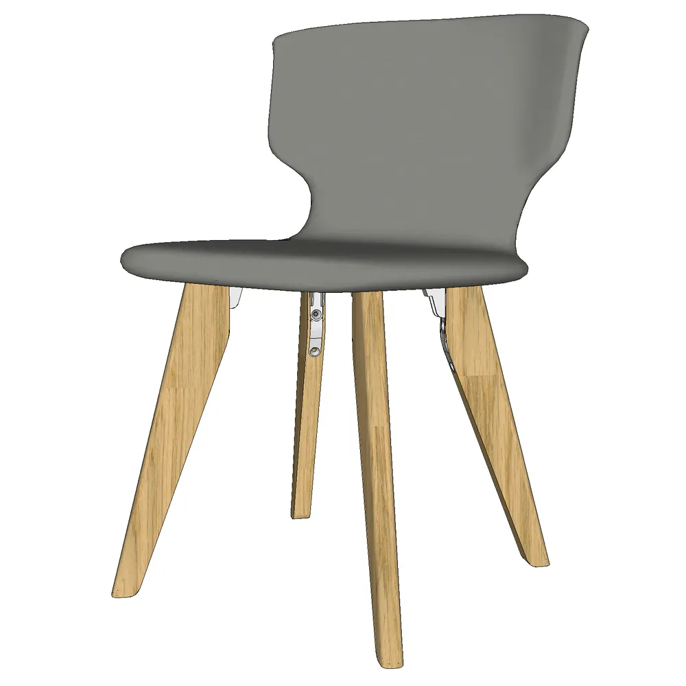 A modern grey chair with slender wooden legs, featuring a smooth, curved seat and backrest, ideal for contemporary interior spaces