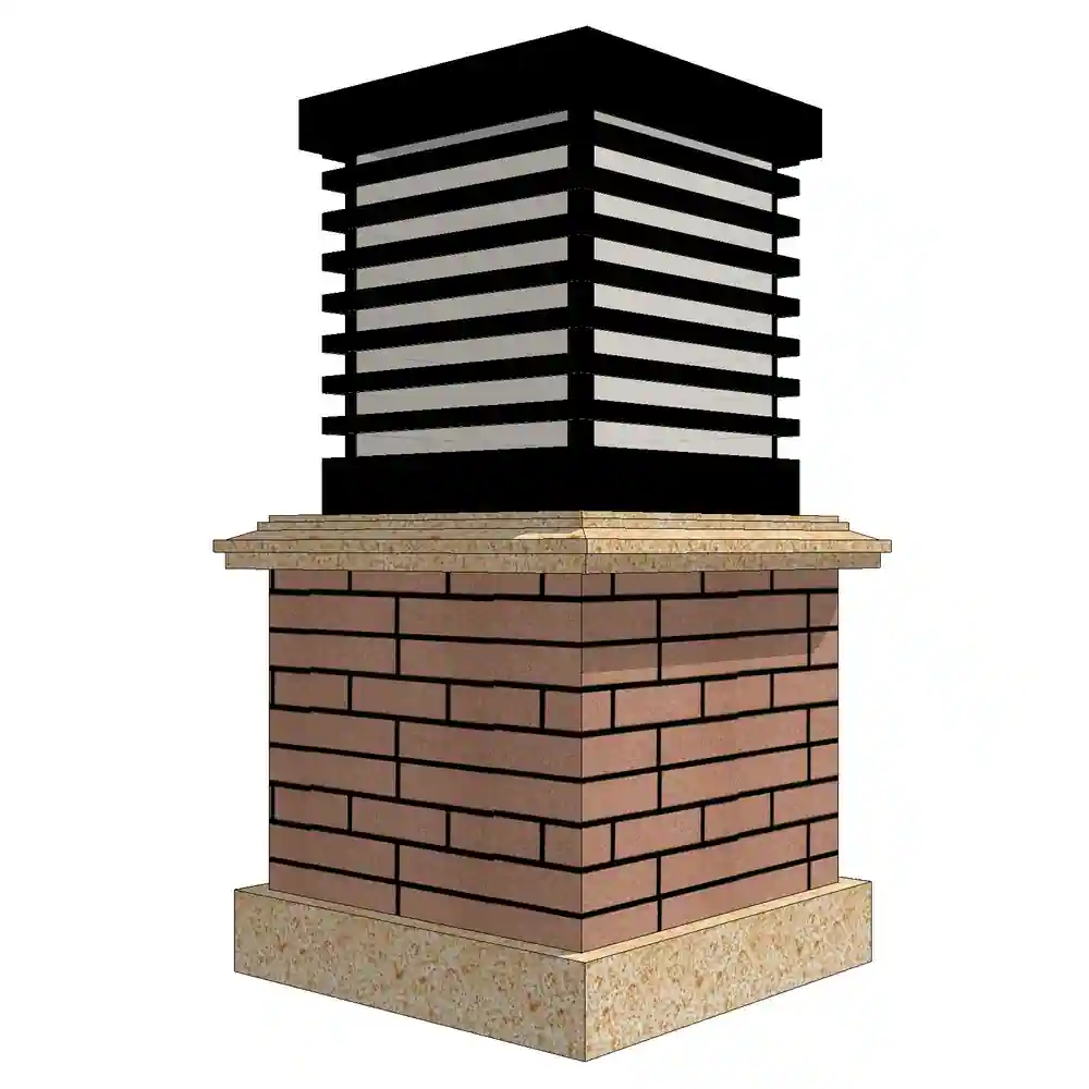 Realistic 3D render of a contemporary brick chimney with interlocking metal vent slats, showcasing textured masonry and industrial-grade materials optimized for SketchUp architectural models