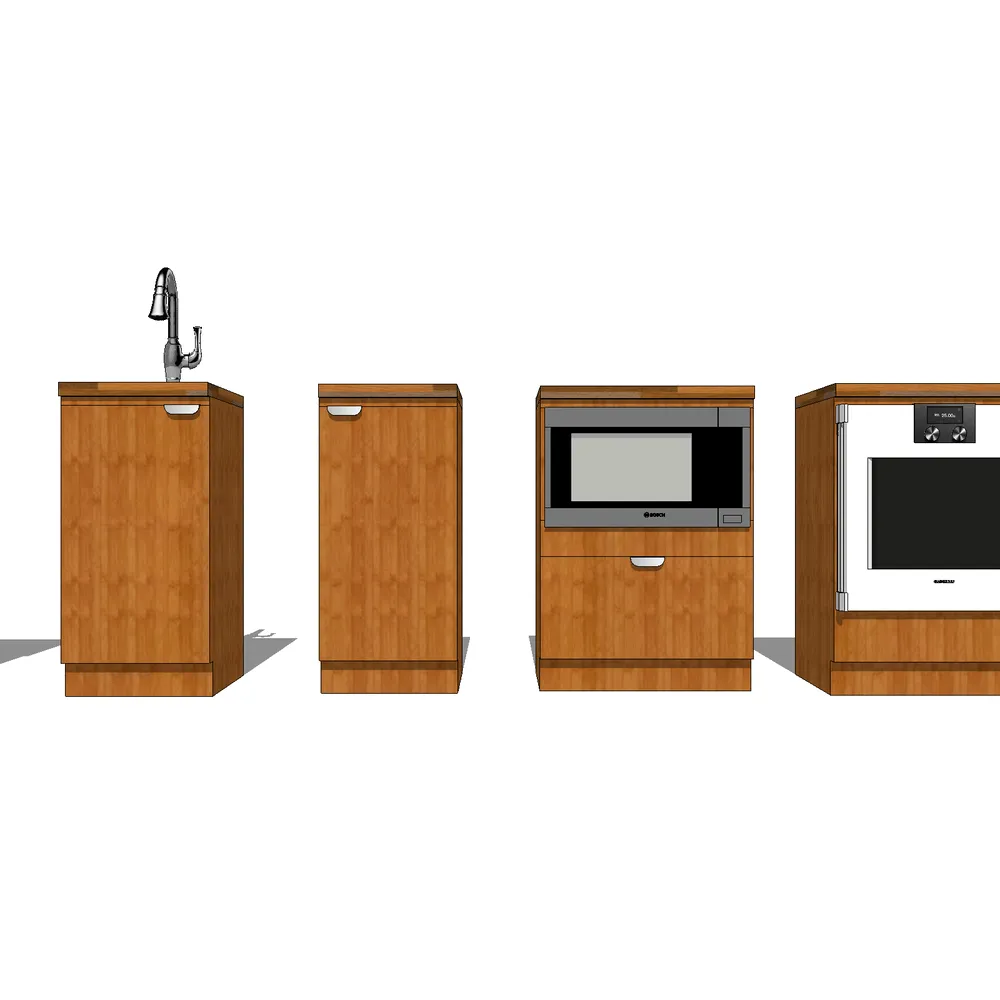 Realistic 3D rendering of a modular kitchen cabinet set featuring a sink unit, storage cabinet, built-in microwave, and oven module with wooden finishes and stainless steel fixtures