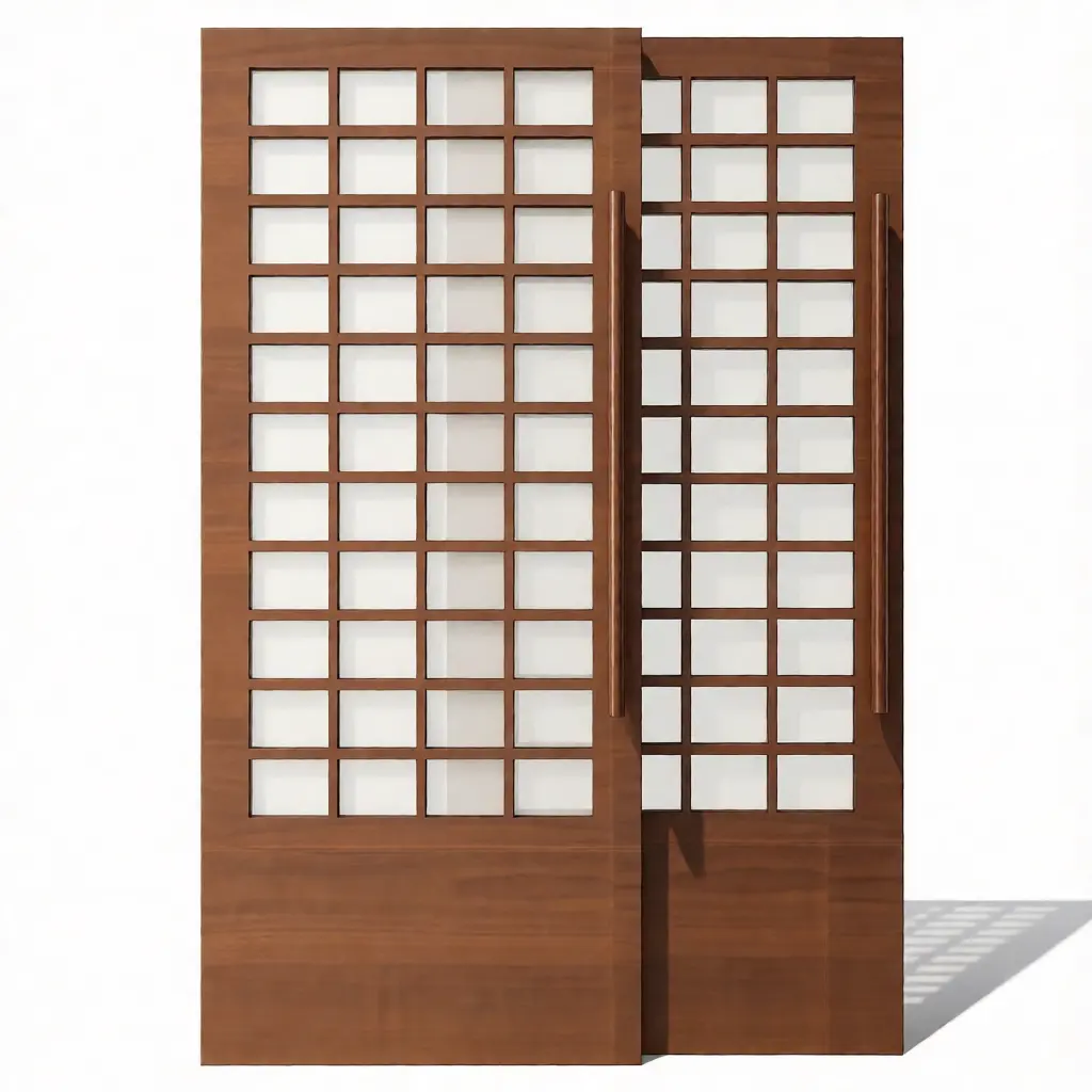 Modern wooden double doors with symmetrical glass panel arrangement, rich wood grain texture, and sleek hardware, optimized for SketchUp architectural modeling
