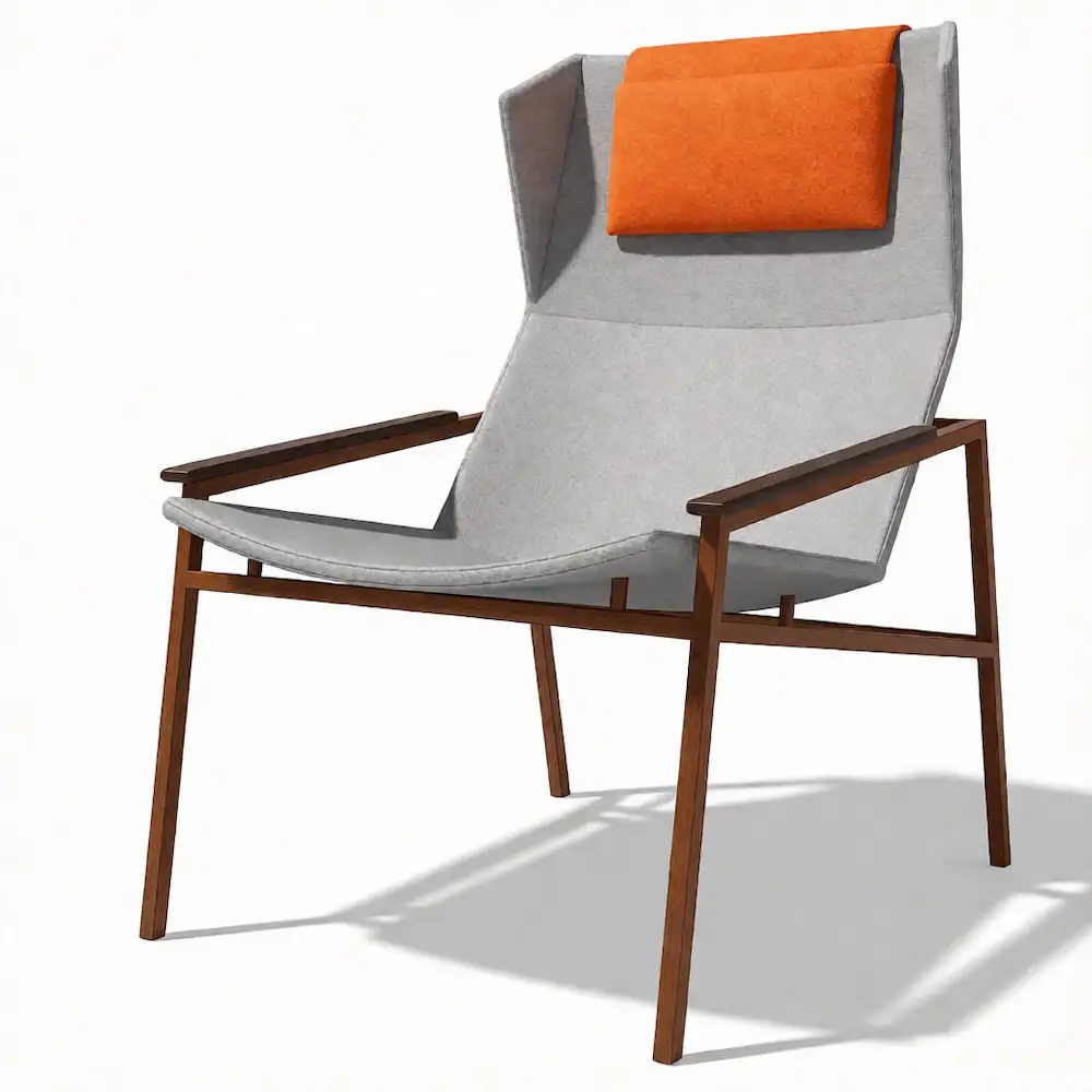Modern lounge chair with gray upholstery, orange accent cushion, and wooden frame in 3D render, ideal for SketchUp interior visualization