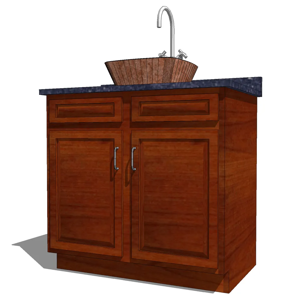 Realistic 3D rendering of a modern kitchen island with deep walnut cabinets, quartz countertop, and integrated wooden sink featuring sleek stainless steel fixtures, ideal for SketchUp interior design visualizations