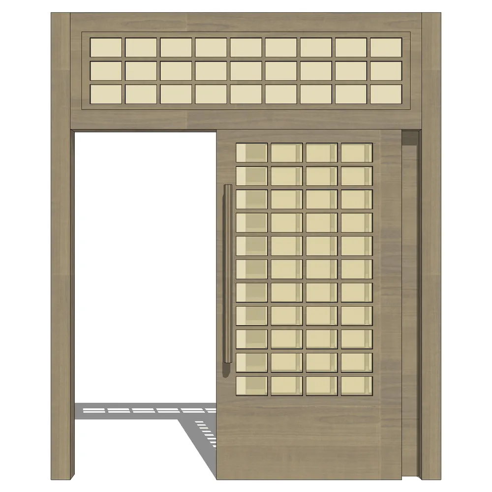 Modern wooden door with glass panels in a minimalist architectural setting, showcasing intricate wood grain textures and precise joint details