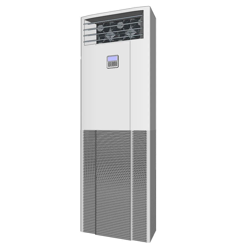 Realistic 3D render of a floor-standing air conditioning unit with modular panels, adjustable vents, and a digital control interface, optimized for SketchUp architectural simulations