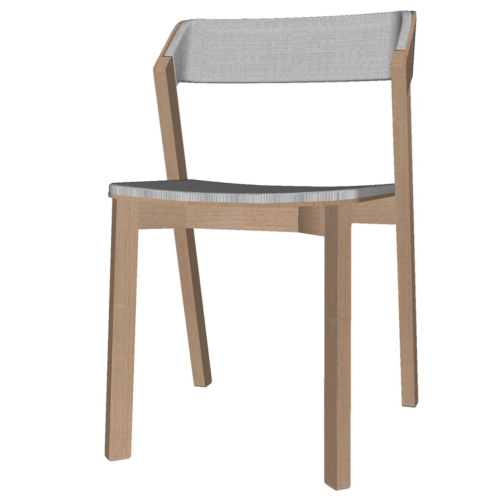 Realistic 3D render of a modern wooden dining chair with gray upholstered backrest and dark seat cushion, showcasing clean lines and ergonomic design for SketchUp interior visualization
