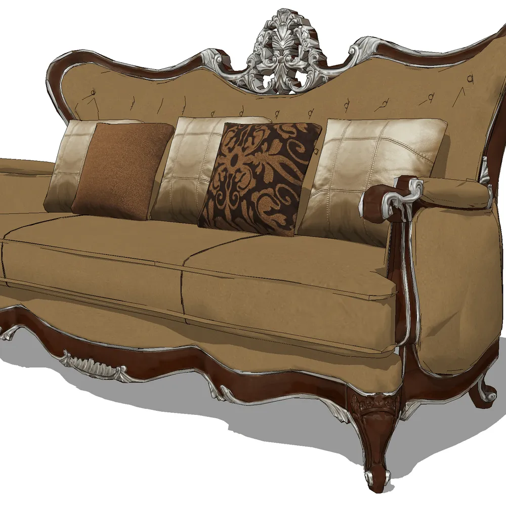 Exquisite 3D rendering of a classical sofa with intricate silver carvings,mahogany frame,and layered leather cushions,ideal for high-end interior design projects