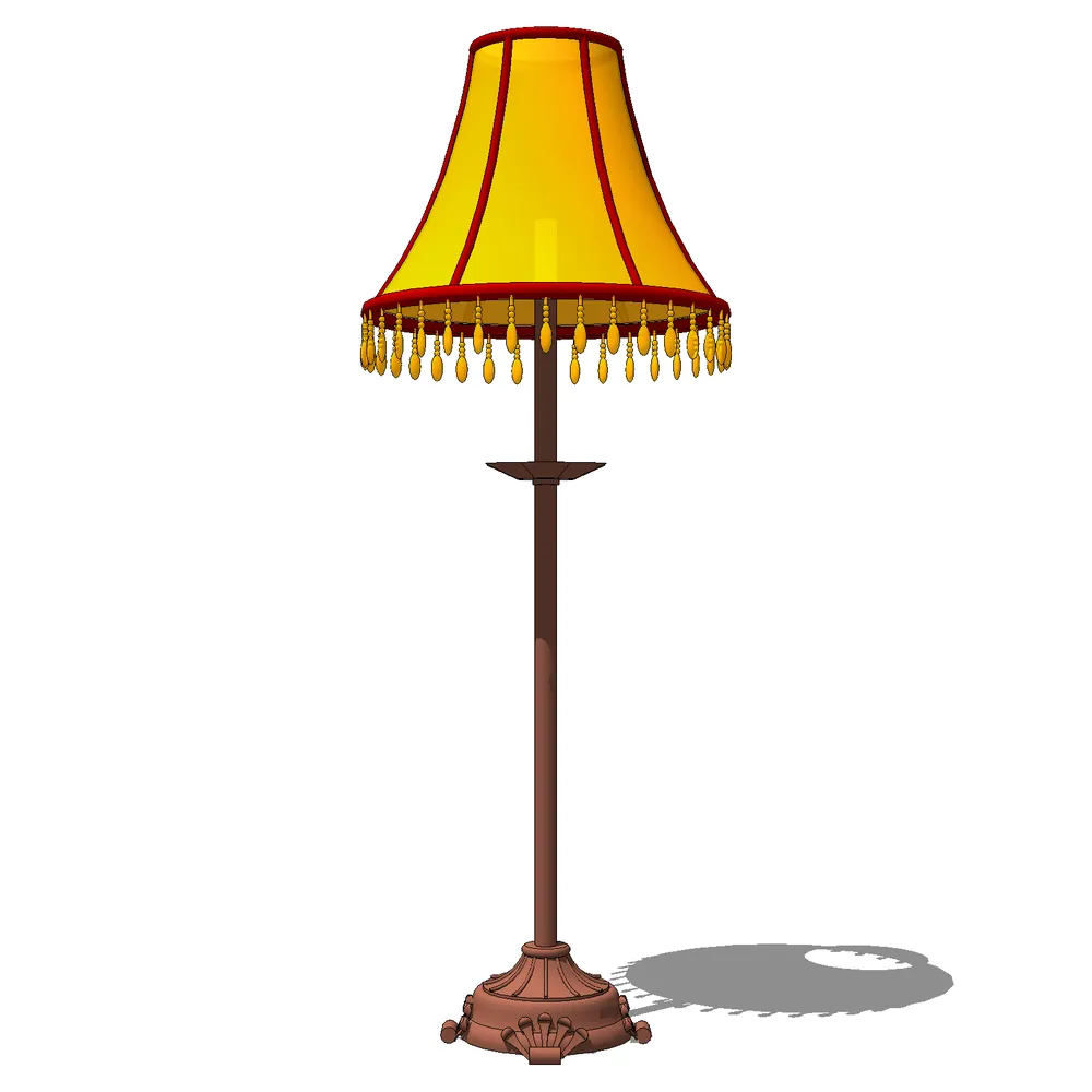 Realistic 3D render of an antique floor lamp with detailed brass accents, flowing golden tassels, and warm amber shade, ideal for SketchUp interior design projects