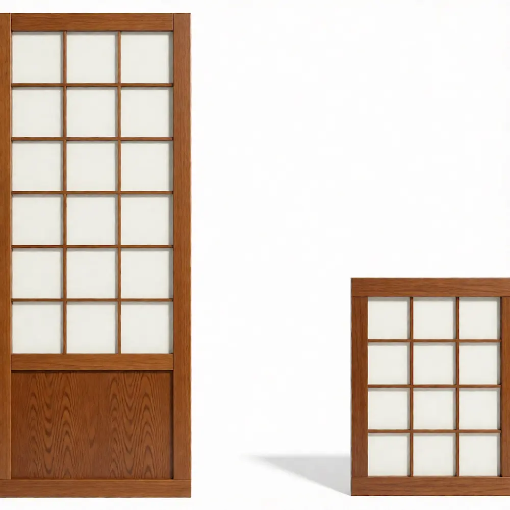 Authentic Japanese sliding door 3D render showcasing walnut wood grain textures, 15-pane glass grid structure, and modular design with removable panels for architectural visualization use