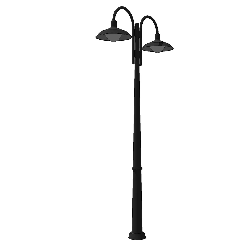 Modern dual-head street lamp with sleek black finish and adjustable LED lighting, optimized for SketchUp urban modeling projects