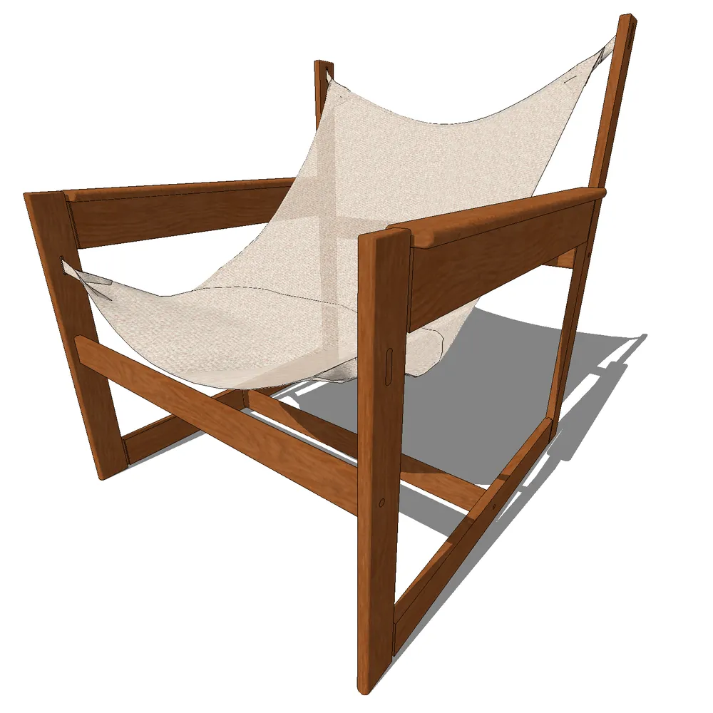 Sleek modern canvas chair with walnut wooden frame and stretched fabric seat, ideal for SketchUp interior design visualizations